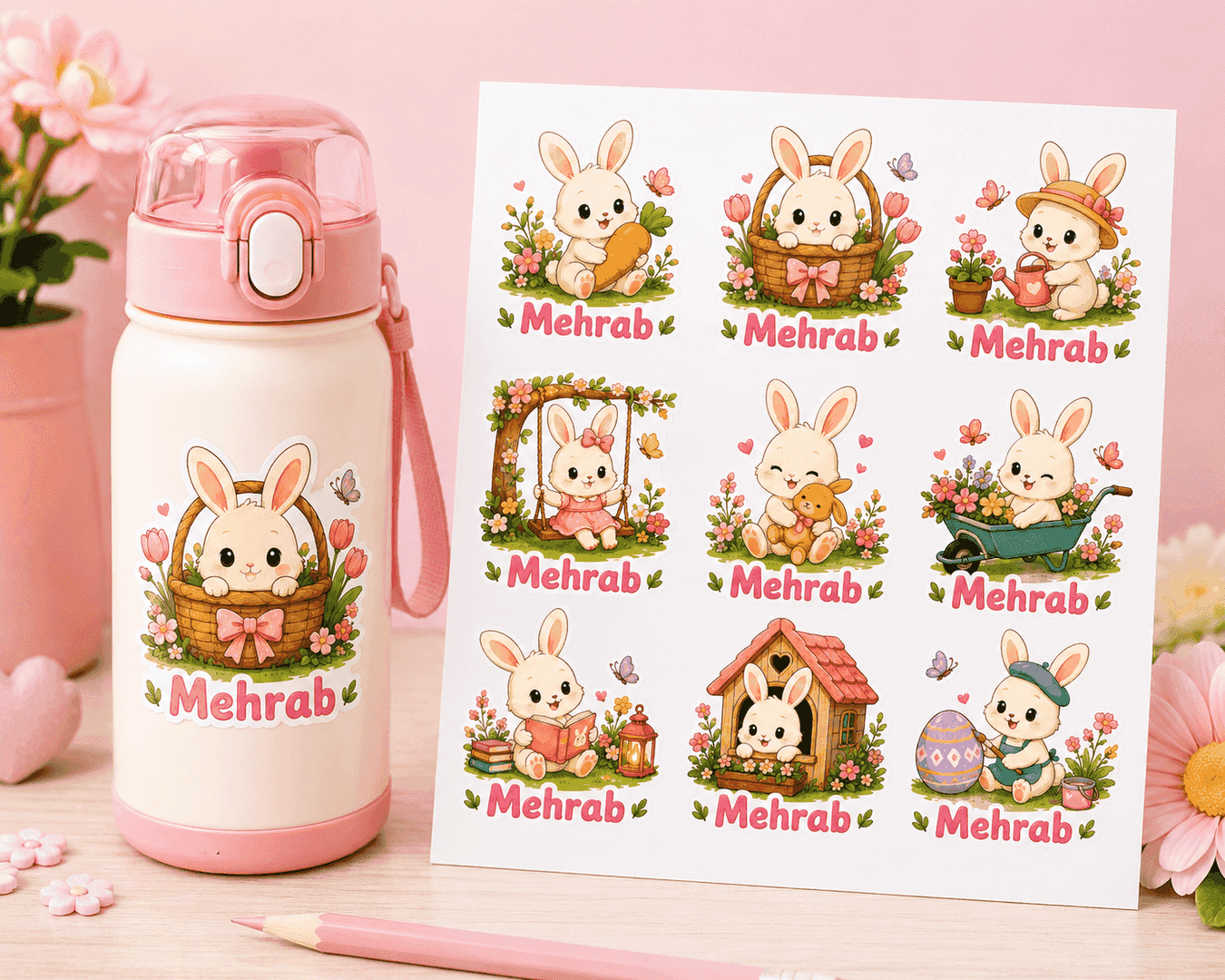 Personalized Bunny Garden UV Stickers – Custom Name Stickers (24 pcs)