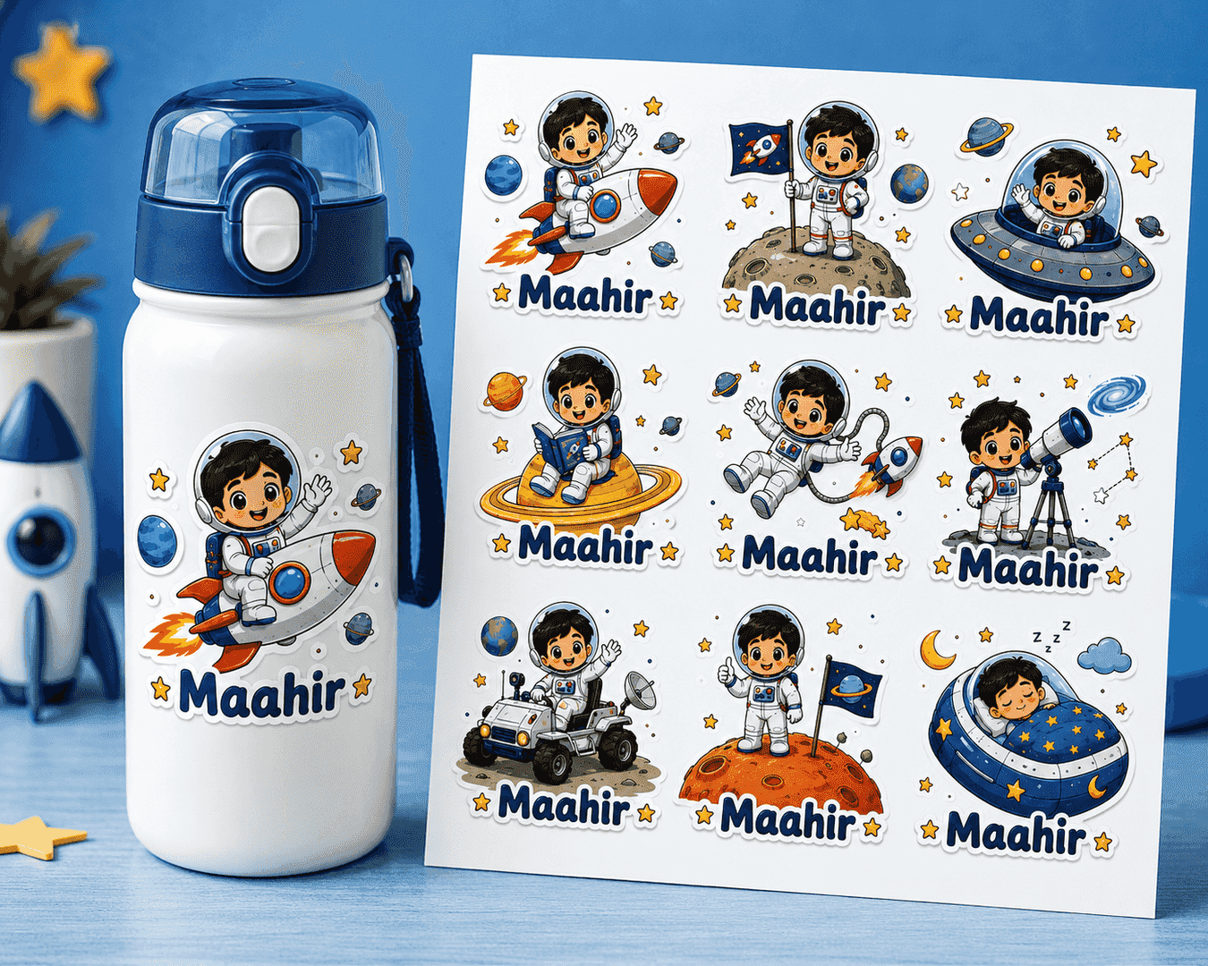 Personalized Space Explorer UV Stickers – Custom Name Stickers (24 pcs) 1